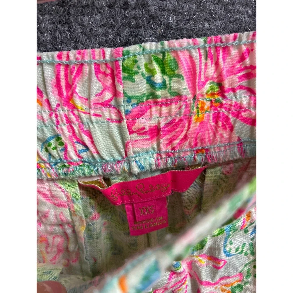 Lilly Pulitzer XXS Pink Green Floral Linen Pull On Shorts Elastic Waist 3 Inseam